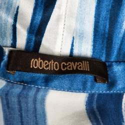 Pre Owned Roberto Cavalli Blue Abstract Stripe Printed Silk Flared Maxi Skirt L 