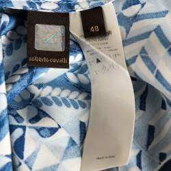 Pre Owned Roberto Cavalli Blue Abstract Stripe Printed Silk Flared Maxi Skirt L 