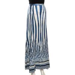 Pre Owned Roberto Cavalli Blue Abstract Stripe Printed Silk Flared Maxi Skirt L 