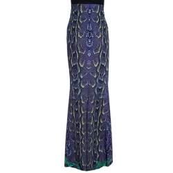 Pre Owned Roberto Cavalli Purple Snakeskin Printed Stretch Jersey Maxi Skirt L 