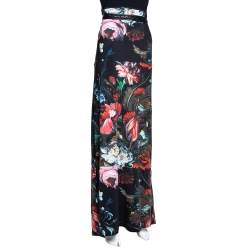 Pre Owned Roberto Cavalli Black Floral Printed Jersey & Leather Trim Detail Maxi Skirt L 