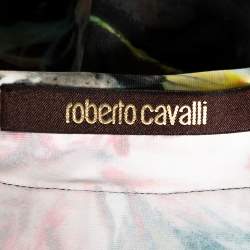 Pre Owned Roberto Cavalli Black Floral Printed Jersey & Leather Trim Detail Maxi Skirt L 