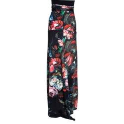 Pre Owned Roberto Cavalli Black Floral Printed Jersey & Leather Trim Detail Maxi Skirt L 