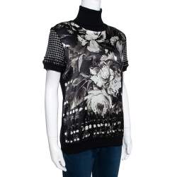 Pre Owned Roberto Cavalli Monochrome Printed Silk & Knit Short Sleeve Turtleneck Top L