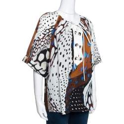 Pre Owned Roberto Cavalli Multicolor Abstract Animal Printed Silk Crepe Short Sleeve Top L 