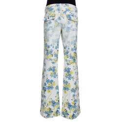 Pre Owned Roberto Cavalli White Floral Printed Denim Flared Jeans L 