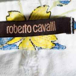 Pre Owned Roberto Cavalli White Floral Printed Denim Flared Jeans L 