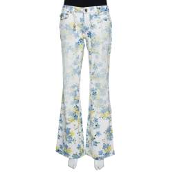 Pre Owned Roberto Cavalli White Floral Printed Denim Flared Jeans L 