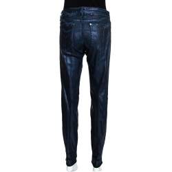 Pre Owned بنطلون جينز روبرتو كافالي مجسم دنيم مطبوع ميتاليك أزرق كحلي مقاس كبير (لارج)