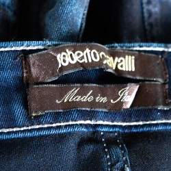 Pre Owned بنطلون جينز روبرتو كافالي مجسم دنيم مطبوع ميتاليك أزرق كحلي مقاس كبير (لارج)