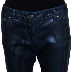 Pre Owned بنطلون جينز روبرتو كافالي مجسم دنيم مطبوع ميتاليك أزرق كحلي مقاس كبير (لارج)