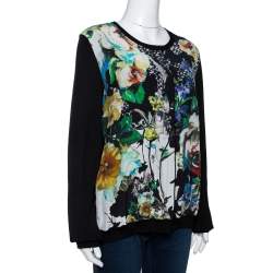 Pre Owned كارديغان روبرتو كافالي طبقة مزدوجة تريكو و حرير مطبوع متعدد الألوان كبير (لارج)