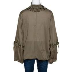 Pre Owned Roberto Cavalli Olive Green Cotton Ruffled Long Sleeve Top M