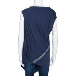 مملوكة مسبقًا Roberto Cavalli Navy Blue Cotton Embellished Asymmetrical Top M