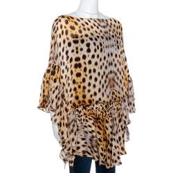 Pre Owned بلوزة روبرتو كافالي قفطان مجمع حرير طباعة حيوان بيج M