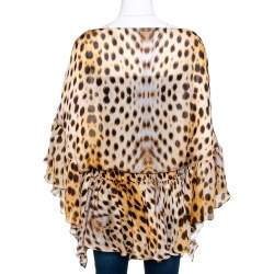 Pre Owned بلوزة روبرتو كافالي قفطان مجمع حرير طباعة حيوان بيج M