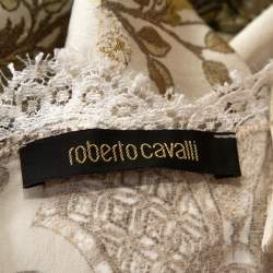 Pre Owned Roberto Cavalli Cream Floral Shimmer Print Silk Lace Trim Camisole L