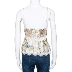 Pre Owned Roberto Cavalli Cream Floral Shimmer Print Silk Lace Trim Camisole L
