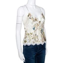 Pre Owned Roberto Cavalli Cream Floral Shimmer Print Silk Lace Trim Camisole L