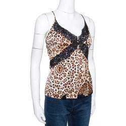 Pre Owned Roberto Cavalli Brown Animal Print Silk Lace Trim Camisole Top L