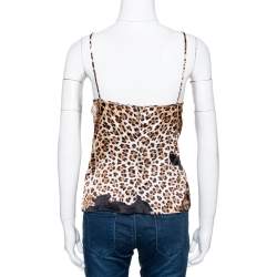 Pre Owned Roberto Cavalli Brown Animal Print Silk Lace Trim Camisole Top L
