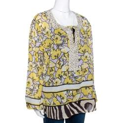 Pre Owned Roberto Cavalli Yellow Printed Cotton Bead Embellished Top L