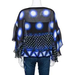 Pre Owned Roberto Cavalli Blue & Black Printed Silk Sheer Blouse S
