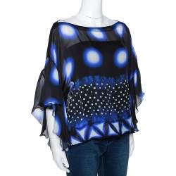 Pre Owned Roberto Cavalli Blue & Black Printed Silk Sheer Blouse S