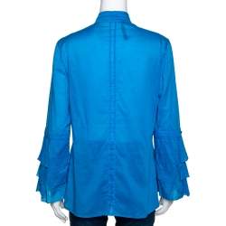 Pre Owned Roberto Cavalli Blue Cotton Tiered Sleeve Pintucked Detail Shirt L
