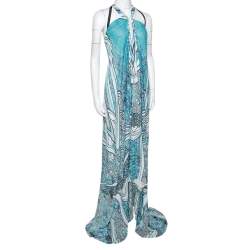 Pre Owned Roberto Cavalli Blue Silk Gathered Asymmetric Halter Dress S