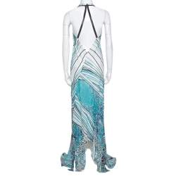 Pre Owned Roberto Cavalli Blue Silk Gathered Asymmetric Halter Dress S