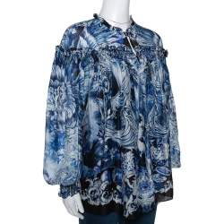 Pre Owned Roberto Cavalli Blue Printed Silk Ruffled Blouse S