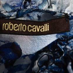 Pre Owned Roberto Cavalli Blue Printed Silk Ruffled Blouse S