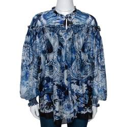 Pre Owned Roberto Cavalli Blue Printed Silk Ruffled Blouse S