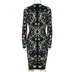 مملوكة مسبقًا فستان روبرتو كافالي مزين بروش مورد جيرسيه مطبوع اورينتال غاردن أسود مقاس وسط (ميديوم)