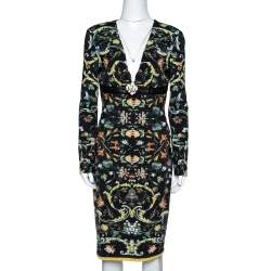 مملوكة مسبقًا فستان روبرتو كافالي مزين بروش مورد جيرسيه مطبوع اورينتال غاردن أسود مقاس وسط (ميديوم)