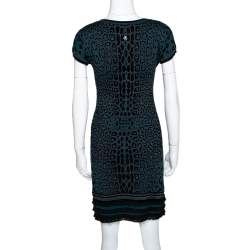 Pre Owned فستان روبرتو كافالي حافة منفوشة جاكارد نقشة الفهد أزرق مخضر مقاس وسط (ميديوم)