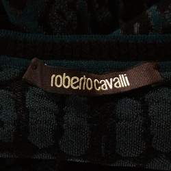 Pre Owned فستان روبرتو كافالي حافة منفوشة جاكارد نقشة الفهد أزرق مخضر مقاس وسط (ميديوم)