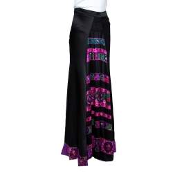 Pre Owned Roberto Cavalli Black Silk Satin Floral Trim Fit & Flare Maxi Skirt M