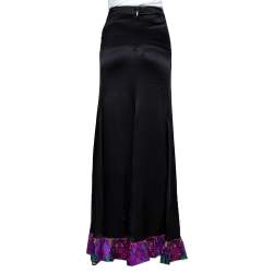 Pre Owned Roberto Cavalli Black Silk Satin Floral Trim Fit & Flare Maxi Skirt M