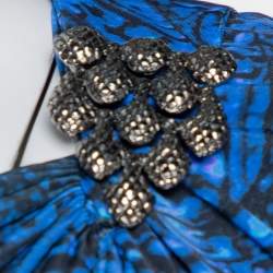 Pre Owned Roberto Cavalli Blue Printed Jersey Brooch Detail Maxi Dress M