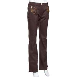 Pre Owned بنطلون جينز روبرتو كافالي بني دينم مزين بسلسلة واسعة مقاس كبير - لارج