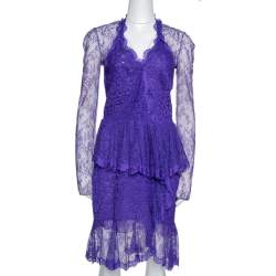 Roberto Cavalli Purple Lace Ruffled Peplum Dress M