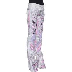 مملوكة مسبقًا Roberto Cavalli White & Purple Snake Print Denim Flared Jeans M