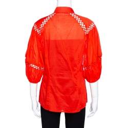 Pre Owned Roberto Cavalli Red Cotton Eyelet Lace Detail Blouse M