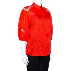 Pre Owned Roberto Cavalli Red Cotton Eyelet Lace Detail Blouse M