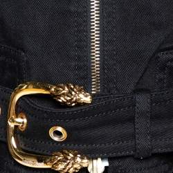 Pre Owned جاكيت روبرتو كافالي دينيم أسود بحزام أمامي بسحاب مقاس كبير - لارج