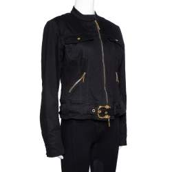 Pre Owned جاكيت روبرتو كافالي دينيم أسود بحزام أمامي بسحاب مقاس كبير - لارج