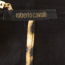 Pre Owned جاكيت روبرتو كافالي دينيم أسود بحزام أمامي بسحاب مقاس كبير - لارج