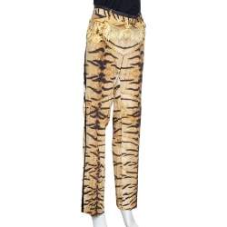 Pre Owned Roberto Cavalli Brown Leopard Print Stretch Silk Straight Leg Pants L